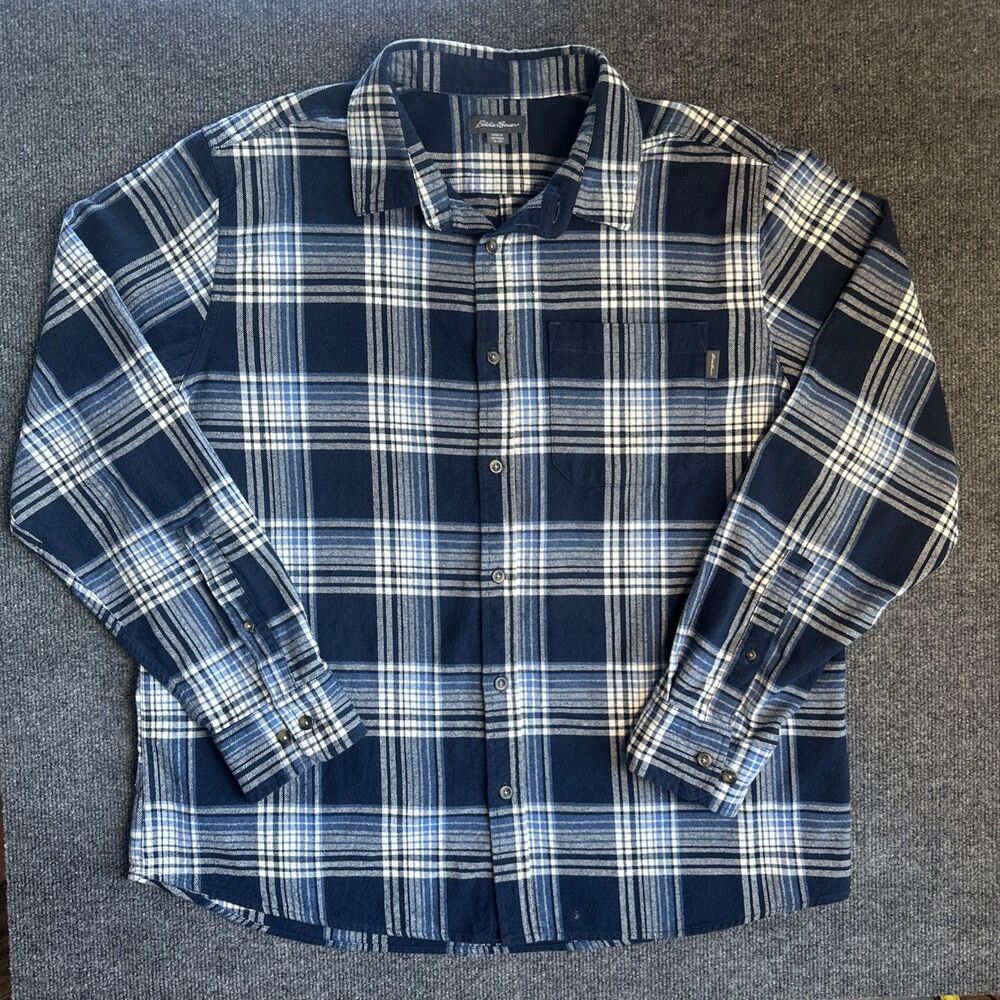 EDDIE BAUER Men's Blue Plaid Flannel Button Down Shirt Size XL Thick Cotton